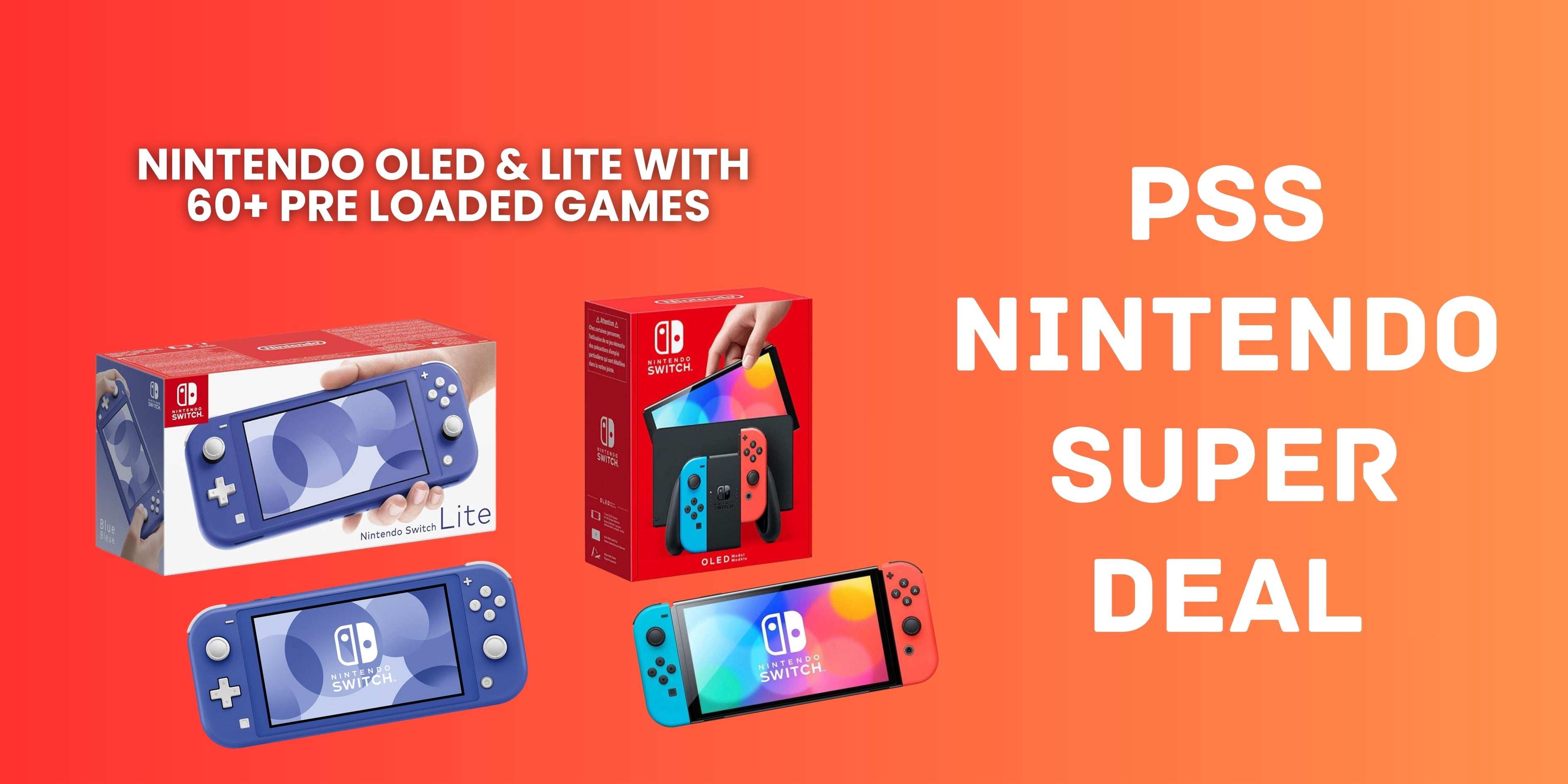 Nintendo Switch OLED and Lite with pre-loaded games on an orange background