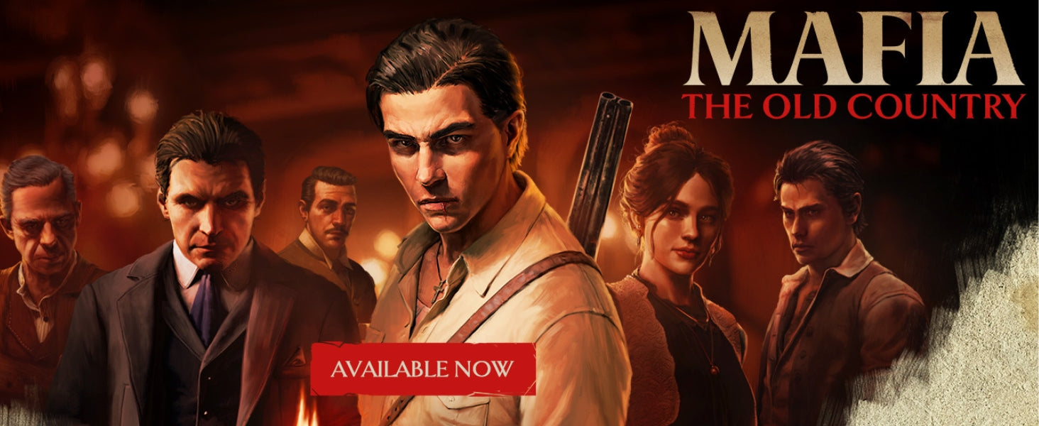 Promotional image for 'Mafia: The Old Country' with characters and text overlay.