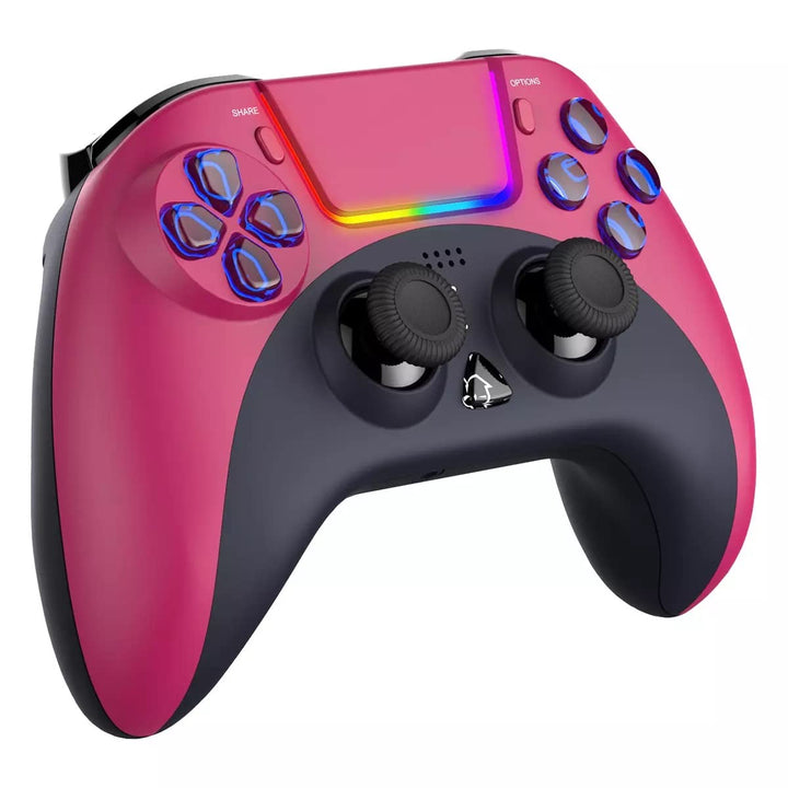 PSS Wireless Gaming Controller-Compatible with PS4, PS4 Slim, PS4 Pro, with Programmable Back Buttons, Enhanced Dual Vibration Motors, Sensitive Touchu Control Panel Bult in Colored LED Lights (Red)