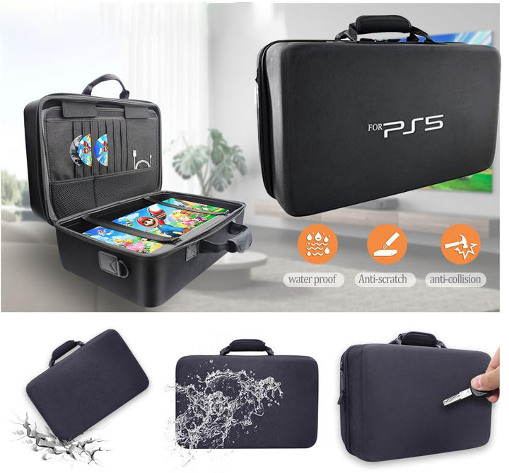 PSS PS5 Travel Bag, PlayStation5 Briefcase Hard Shell Carrying Case Protective Storage Bag Shockproof Compatible with PS5 Console/ Controller, Headset, Charging Dock, Games Accessories - Black