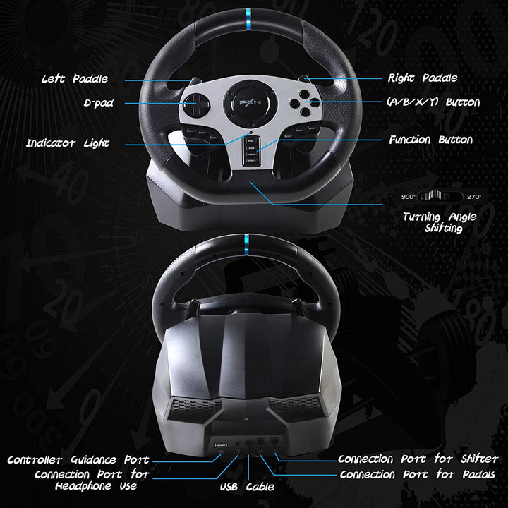 PXN Game Racing Wheel, V9 270°/900° Adjustable Racing Steering Wheel, With Clutch and Shifter, Support Vibration and Headset Function, Suitable For PC, PS3, PS4, Xbox One, Nintendo Switch.