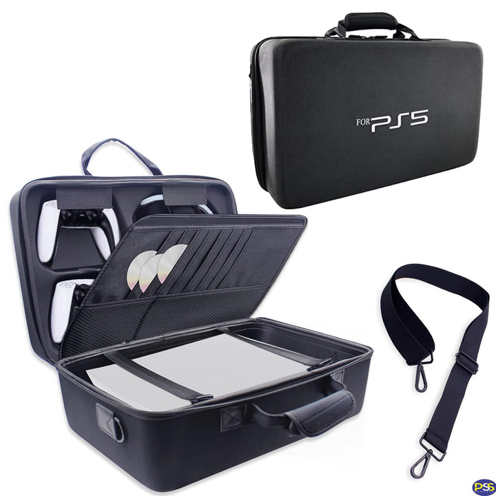 PSS PS5 Travel Bag, PlayStation5 Briefcase Hard Shell Carrying Case Protective Storage Bag Shockproof Compatible with PS5 Console/ Controller, Headset, Charging Dock, Games Accessories - Black