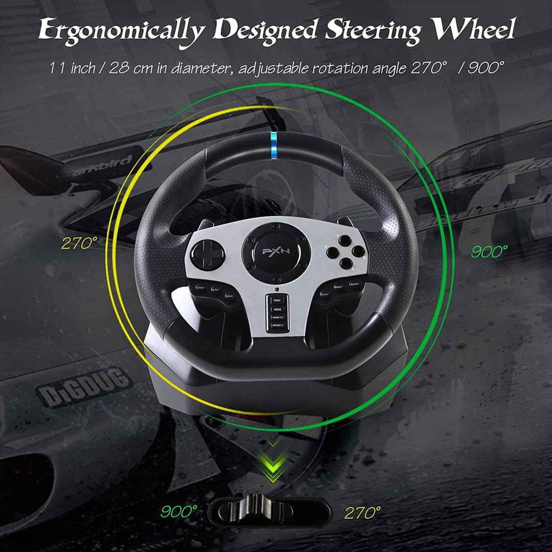 PXN Game Racing Wheel, V9 270°/900° Adjustable Racing Steering Wheel, With Clutch and Shifter, Support Vibration and Headset Function, Suitable For PC, PS3, PS4, Xbox One, Nintendo Switch.