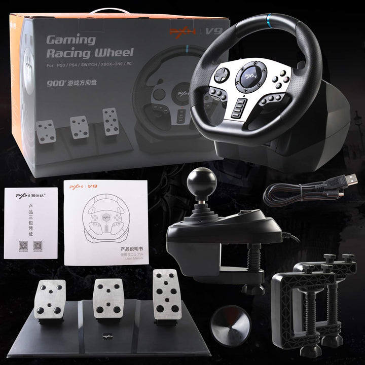 PXN Game Racing Wheel, V9 270°/900° Adjustable Racing Steering Wheel, With Clutch and Shifter, Support Vibration and Headset Function, Suitable For PC, PS3, PS4, Xbox One, Nintendo Switch.